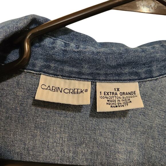 Cabin Creek Blue Floral Embroidered Short Sleeve Y2K Retro Denim Shirt Size 1X - Picture 6 of 9
